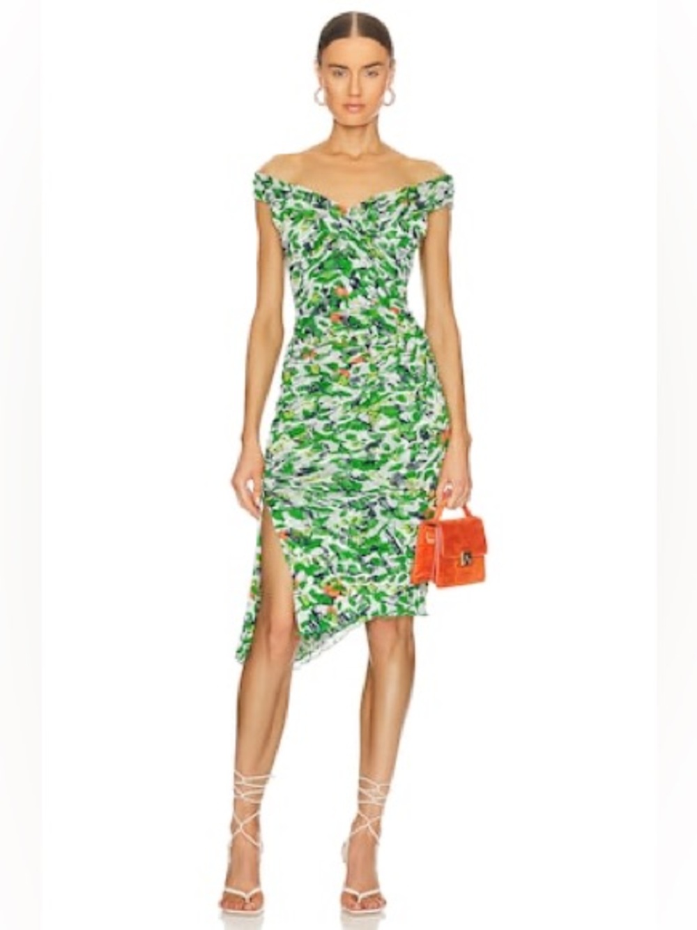 DIANE VON FURSTENBERG |  Green Floral One-Shoulder Ruched Dress
